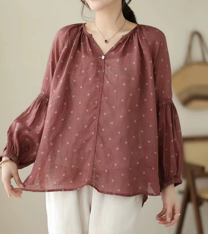 Elegant Printed Polka Dot V-Neck Linen Long Sleeve Shirt Top