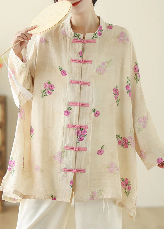 Chinese Style Printed Buttoned Cotton Shirt Spring