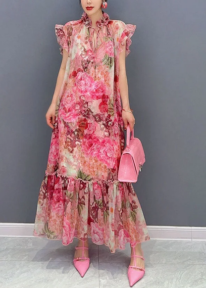 French Pink Ruffle Embellished Printed Chiffon Two Piece Dress