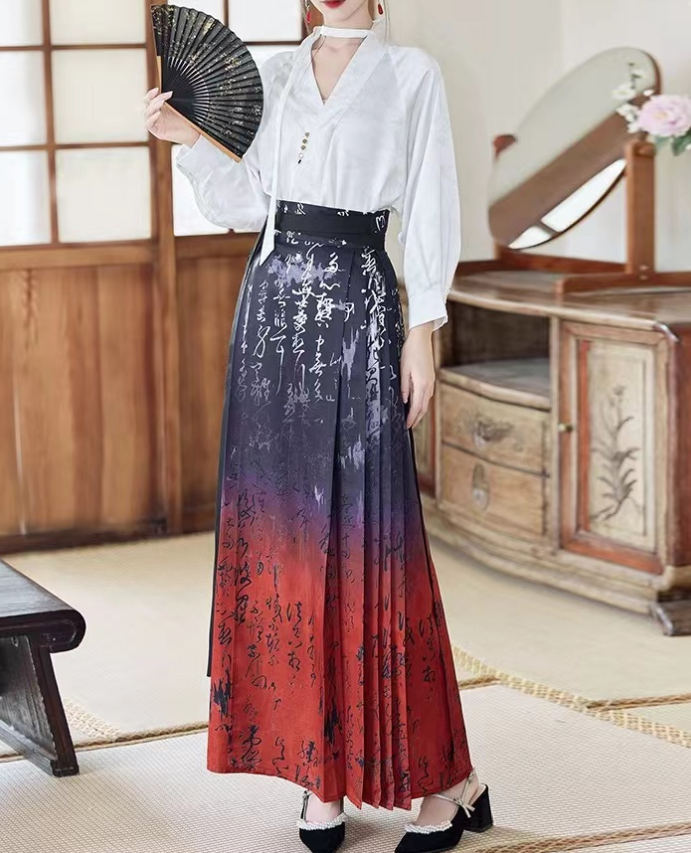 Elegant Printed Gradient Text Tie Pleated Skirt