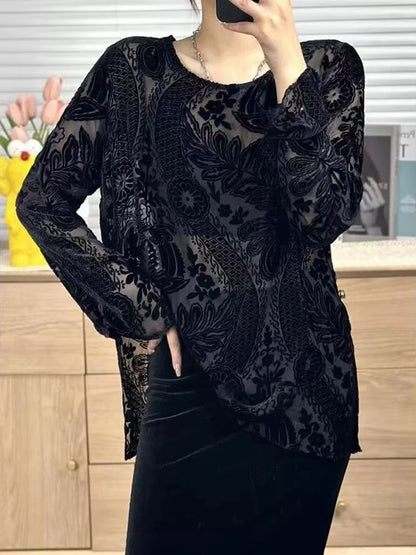 Women's Round Neck Lace Long Sleeve Top