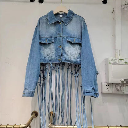 Denim Mesh Fringe Long Sleeve Jacket