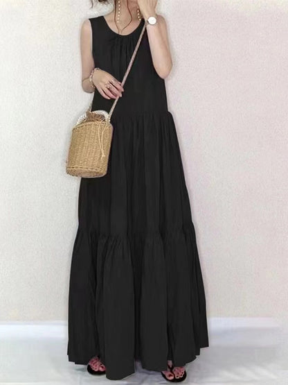 Loose Round Neck Shredded Pleat Sleeveless Long Dress