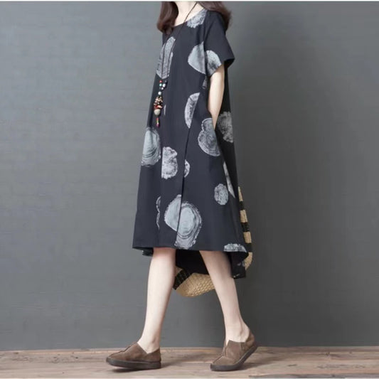 Plus Size Round Neck Printed Cotton Short Sleeve Dress