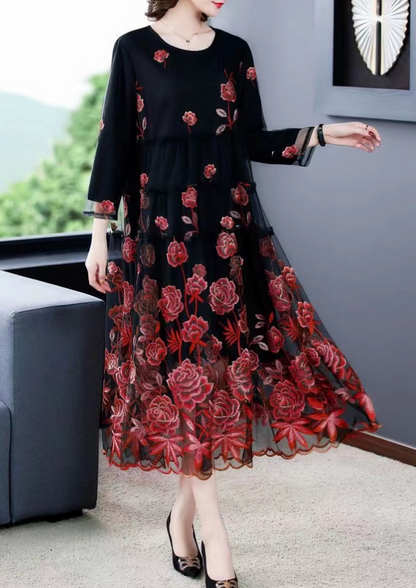 Elegant Embroidered Patchwork Tulle Extra Long Dress