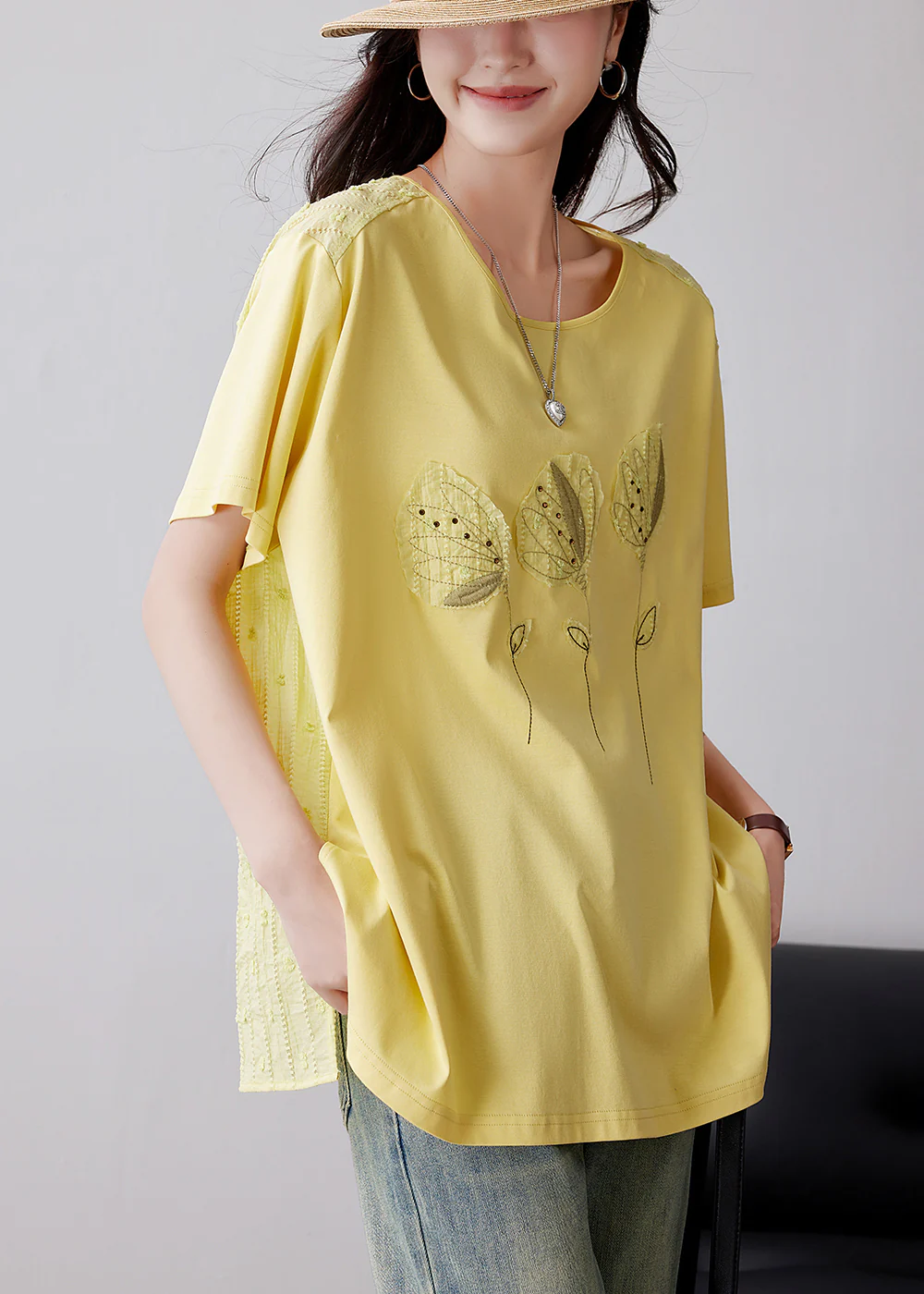 Women's Yellow Embroidered Applique Cotton T-Shirt Summer