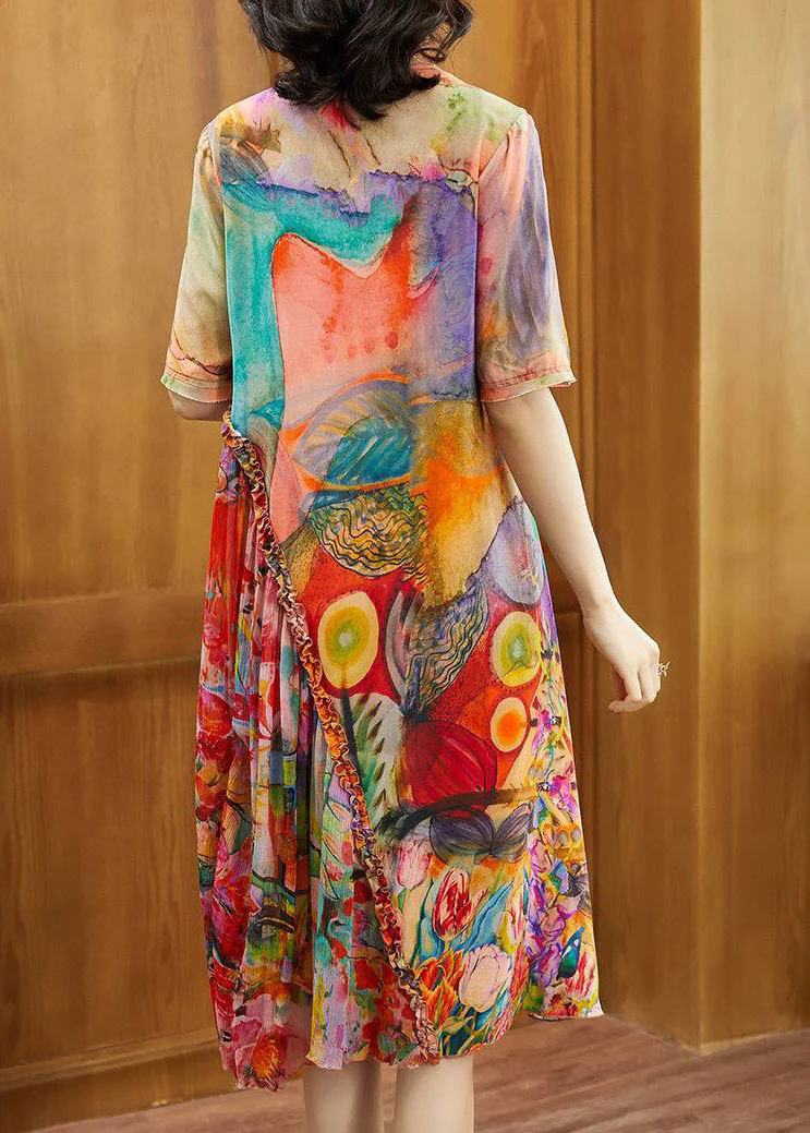 Elegant Round Neck Printed Asymmetric Short Sleeve Silk Long Dress