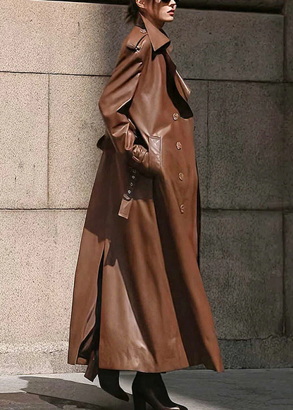 Women's Loose Mouth Buttoned Faux Leather Long Trench Coat