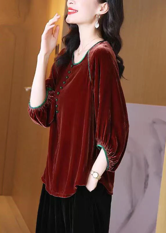 Elegant round neck velvet lantern sleeve blouse