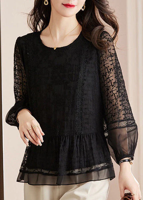 There are oh yo black embroidered cut-out lace blouse long-sleeved blouse