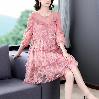 Fashion Ruffle Patchwork Applique Tulle Dress Half Sleeve