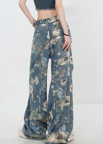 Personalised printed ripped high-waisted jeans