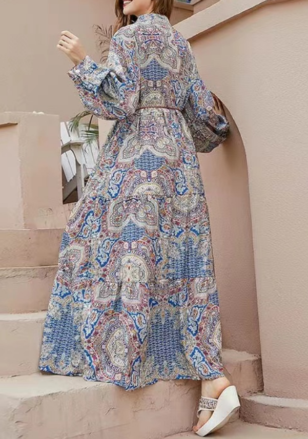 French Geometric Print Lapel Long Sleeve Long Dress