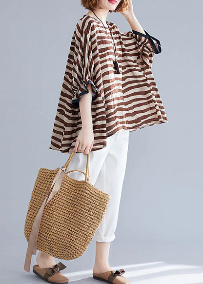 Striped Asymmetric Patchwork Cotton Batwing Sleeve Top