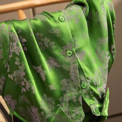 Chinese Style Green Printed Silk Jacquard Shirt Top