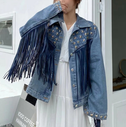 Stylish Pentagram Willow Tassel Trimmed Denim Jacket