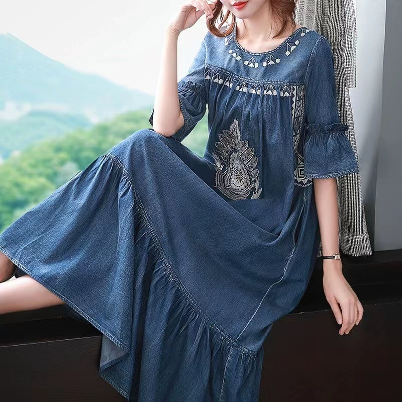 O Neck Embroidered Denim Short Sleeve Dress