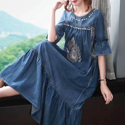 O Neck Embroidered Denim Short Sleeve Dress