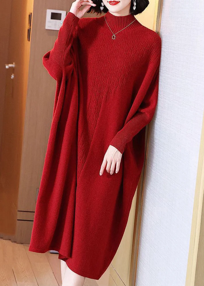 Elegant High Neck Comfortable Cotton Knit Maxi Dress Long Sleeve