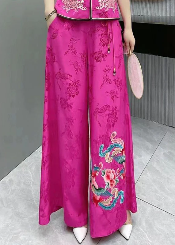 Elegant Embroidery High Waist Pocket Patchwork Silk Wide Leg Pants