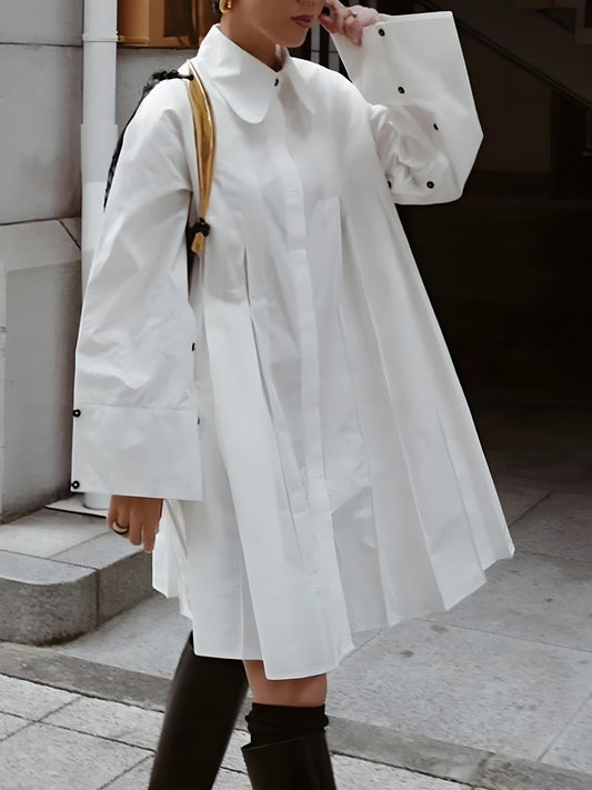 Women's White Lapel Buttoned Long Sleeve Pleated Hem Dress Spring