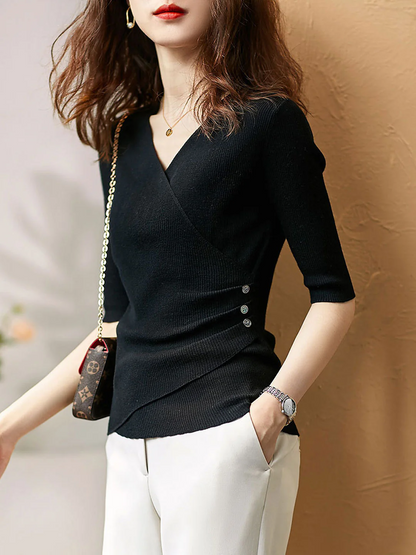 Casual V-Neck Solid Color Knit Top