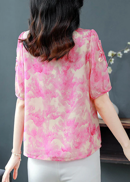 Round Neck Printed Chiffon Shirt Short Sleeve Top