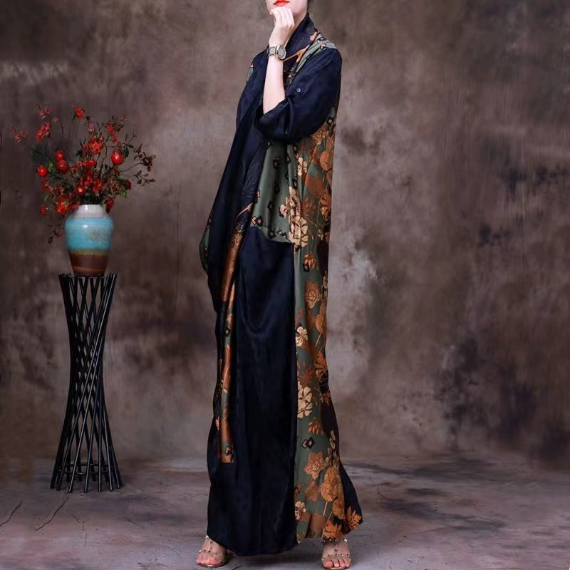 V-Neck Patchwork Printed Silk Long Sleeve Dress