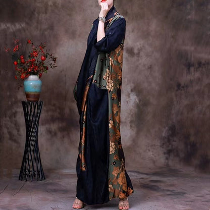 V-Neck Patchwork Printed Silk Long Sleeve Dress