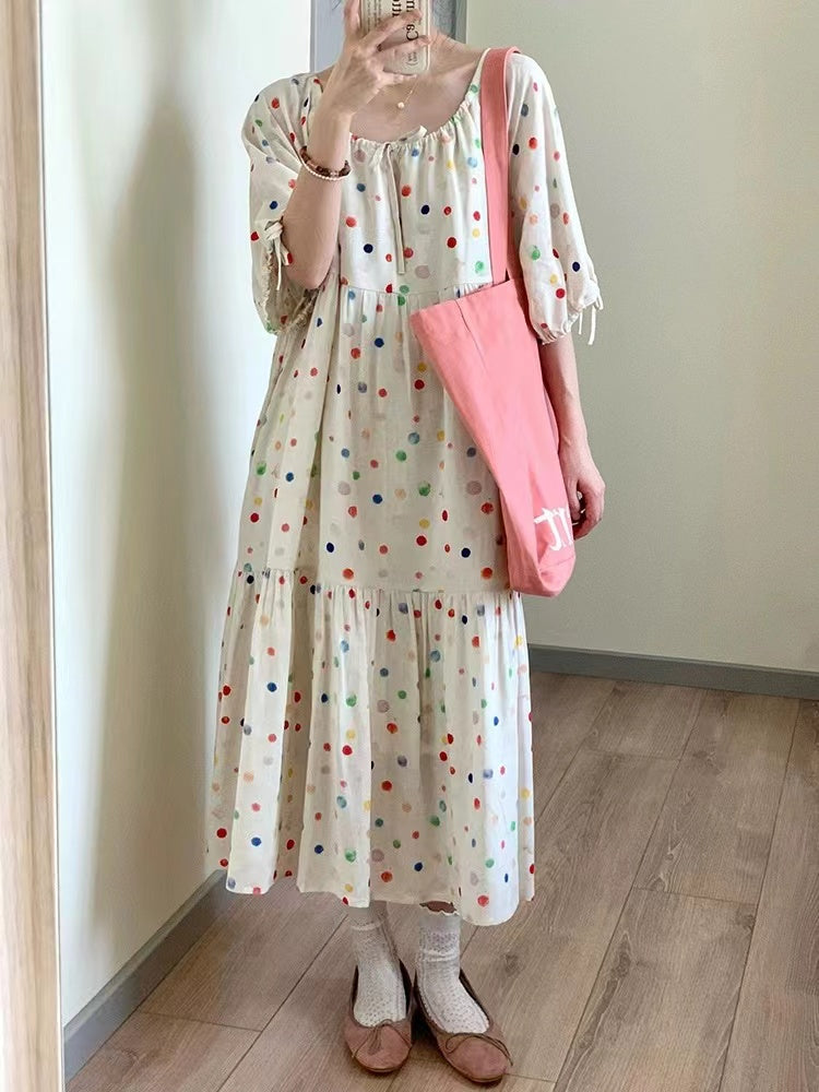 Colorful Polka Dot Drawstring Short Sleeve Dress