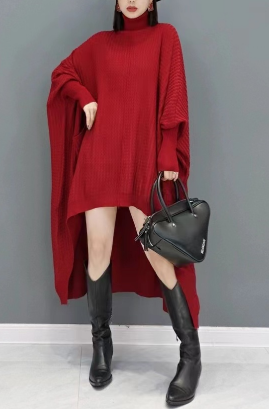 Casual Big Silhouette Knit Sweater Dress High Neck Asymmetric Bat Sleeve