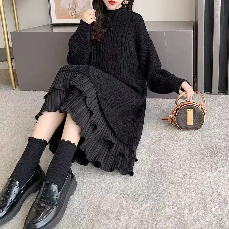 Elegant Patchwork Long Sleeve Long Knit Sweater Dress