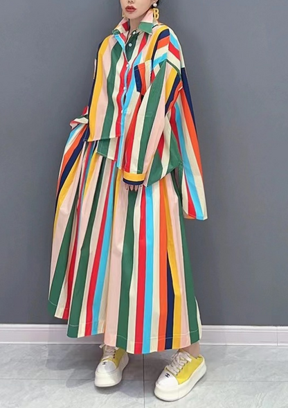 Fashion colorful striped shirt and half skirt two-piece set