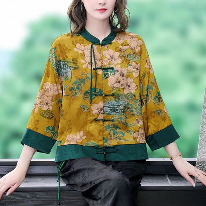 Chinese Style Printed Color Clashing Button Shirt Top