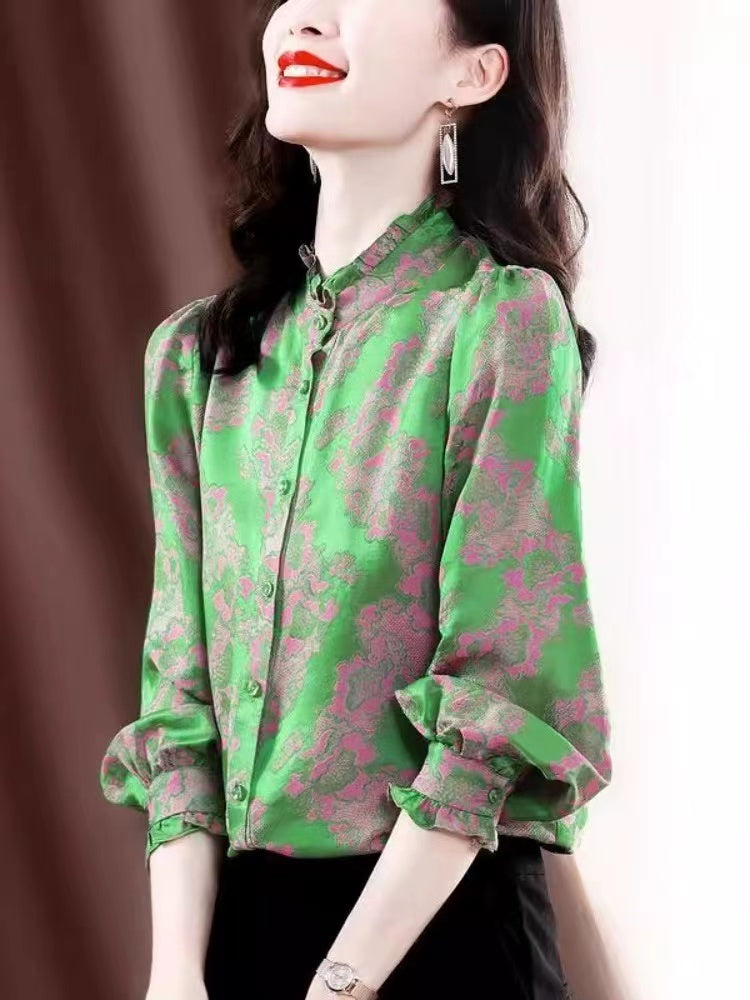 Elegant Silk Printed Wooden Trim Blouse Top