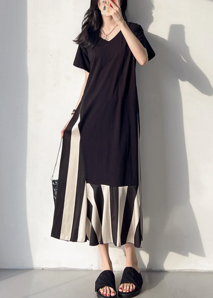 Women's V-Neck Patchwork Cotton Patchwork Striped Short Sleeve Long Dress