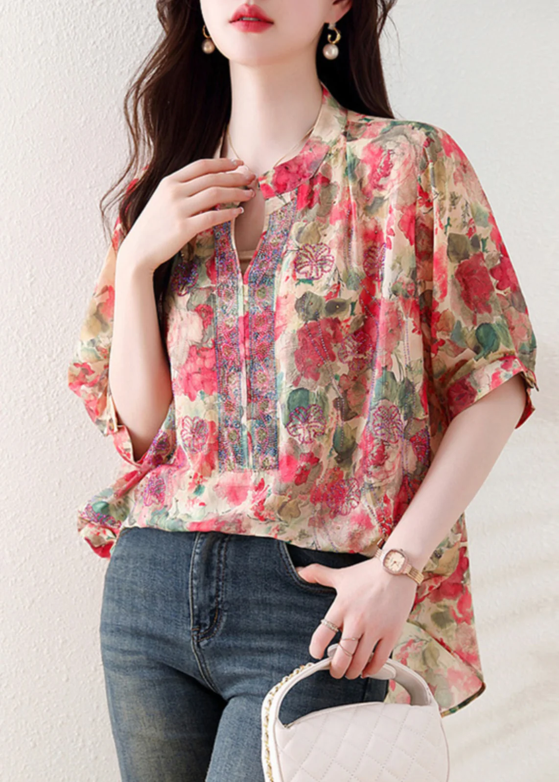 Loose V-Neck Printed Cotton Short Sleeve Shirt Top