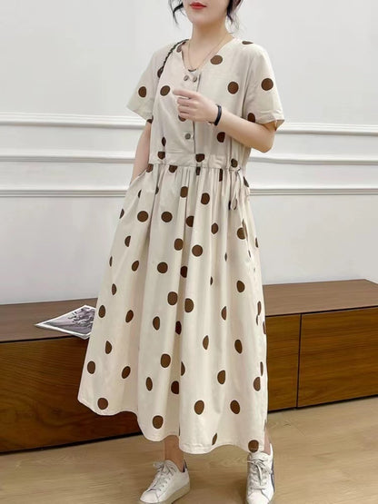 Women's Printed Dot Skinny Waist Tie Short Sleeve Long Dresses