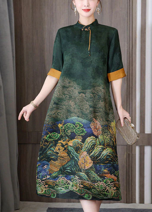 Fashion Printed Silk Long Dress Chinese Neck Zipper Short Sleeve