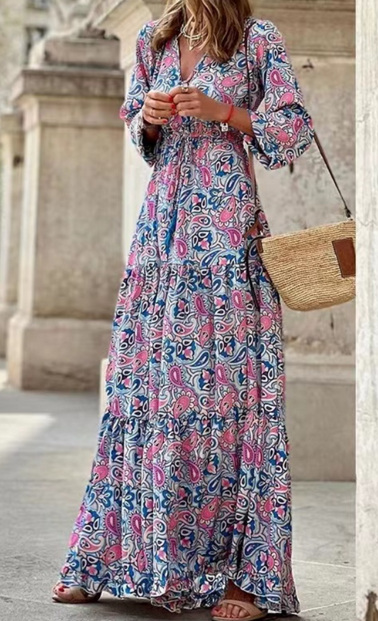 Vintage Printed V-Neck Long Sleeve Long Dresses