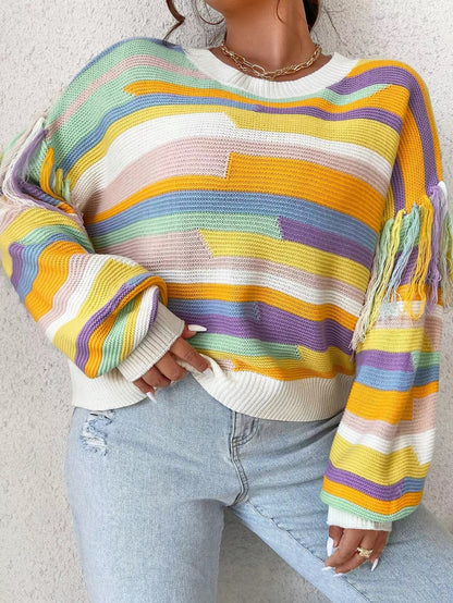 Loose Pullover Striped Fringed Knit Sweater