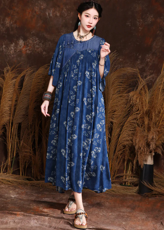 Elegant Patchwork Printed Wrinkled Denim Long Skirt