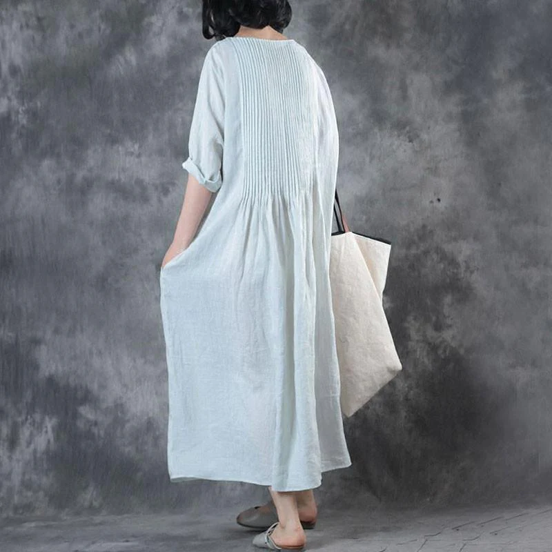 Loose Solid Color Fold Over Pockets White Round Neck Cotton Linen Dress