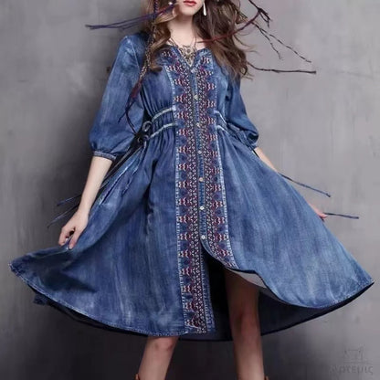 V-Neck Embroidered Tie Button Short Sleeve Shirt Denim Dresses