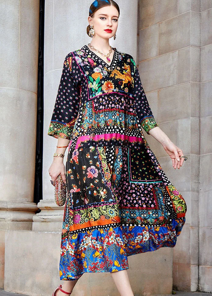 Bohemian Colorblocked V-Neck Printed Silk Long Dress