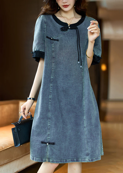 Elegant Round Neck Button Patchwork Denim Short Sleeve Dress