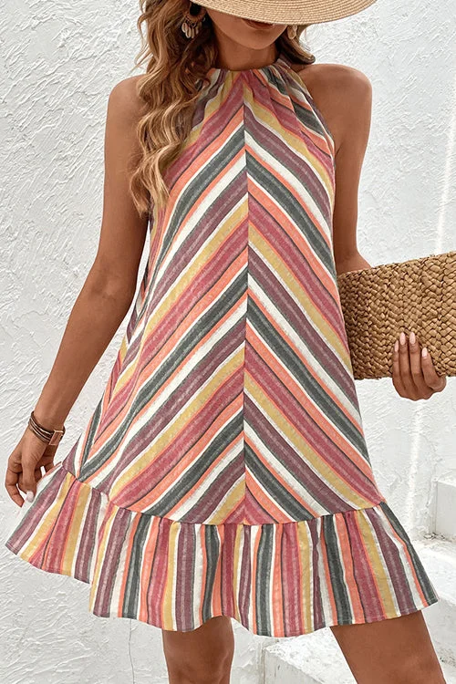 Women's Bohemian Striped Sleeveless Tie Dress Summer