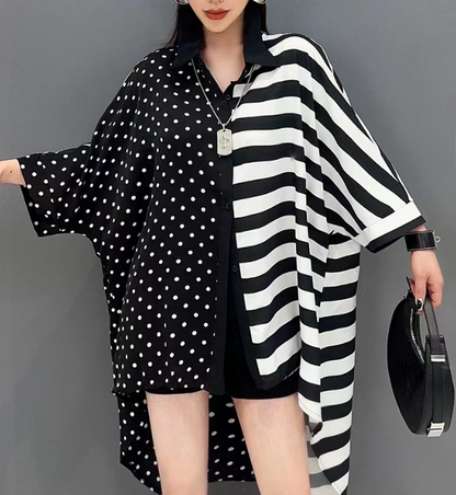 Black And White Patchwork Striped Asymmetric Shirt Top