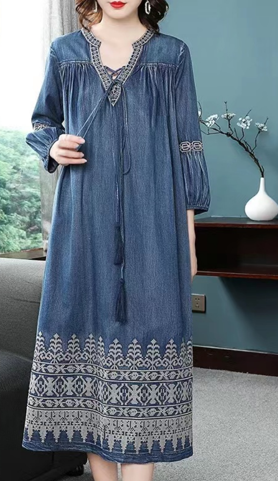 French V-Neck B Tie Patchwork Embroidered Denim Dress