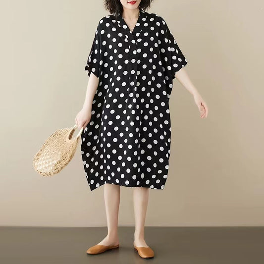 Loose V-Neck Printed Black and White Polka Dot Short Sleeve Dress